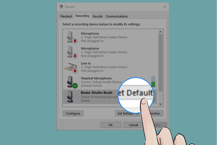 set earbuds as the default audio device
