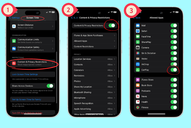 activate carplay in the “restrictions”