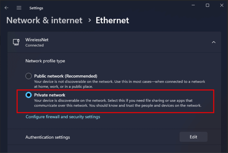 switch your network to “private”
